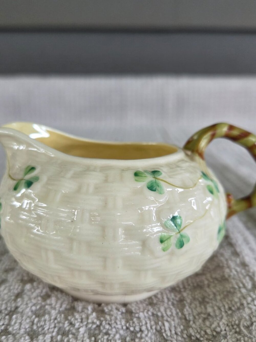 Vtg Belleek Shamrock Basketweave Shamrock Creamer Made in Ireland 4-6 Mark